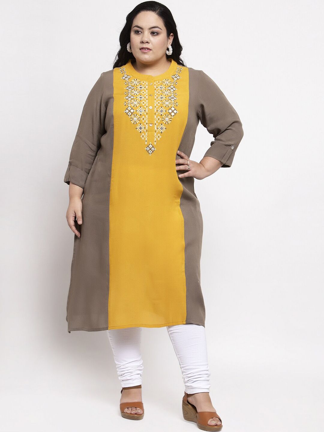 plusS Women Taupe & Yellow Embroidered Straight Kurta Price in India