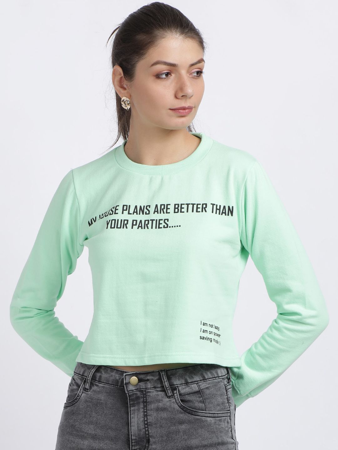 BEVERLY BLUES Women Sea Green Printed Crop Sweatshirt Price in India