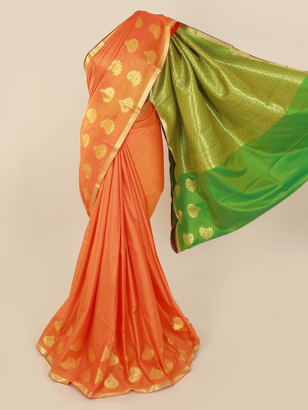 Pothys Orange & Gold-Toned Art Silk Printed Saree with Contrast Pallu