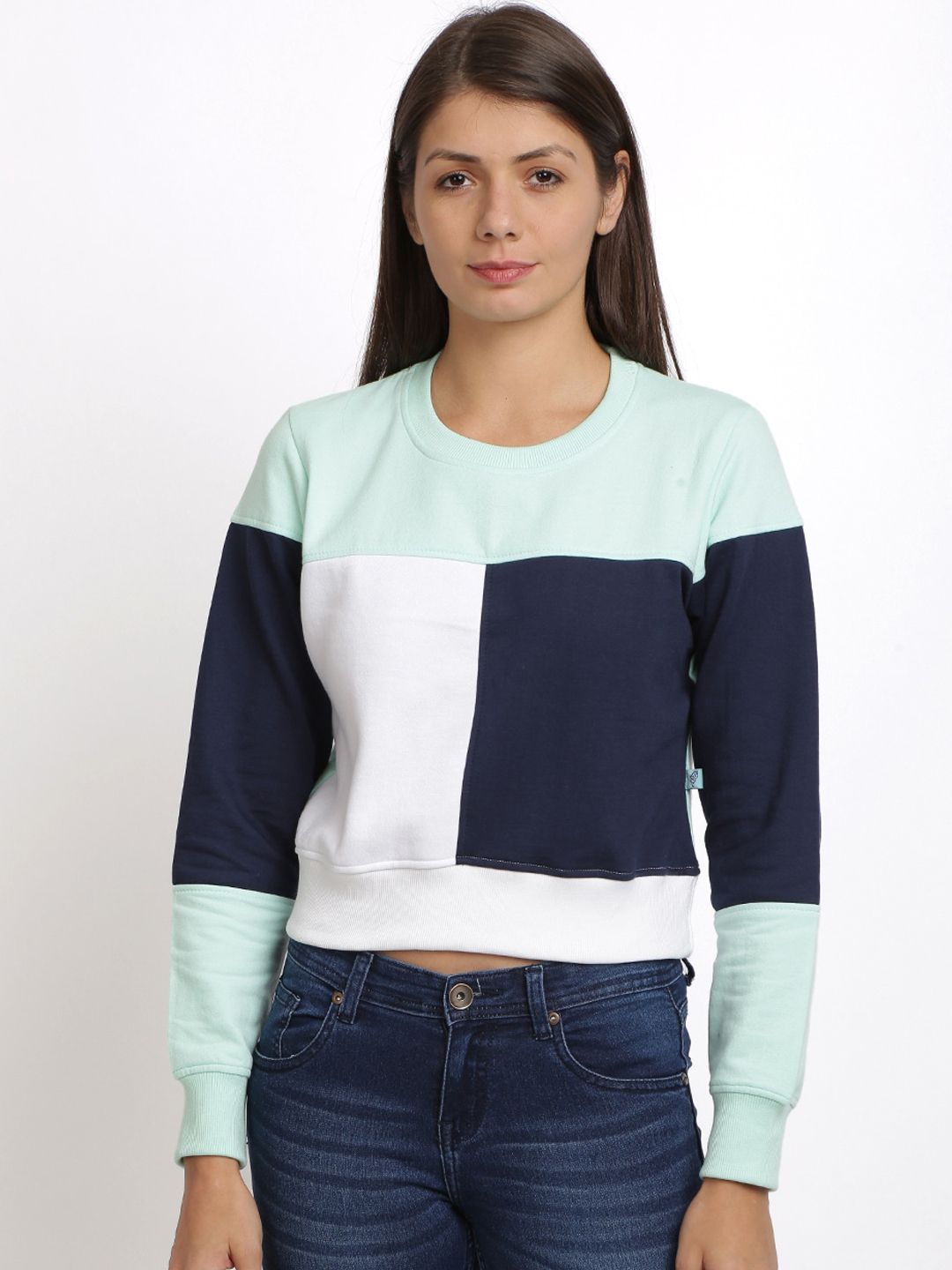 BEVERLY BLUES Women Blue & Navy Blue Colourblocked Crop Sweatshirt Price in India