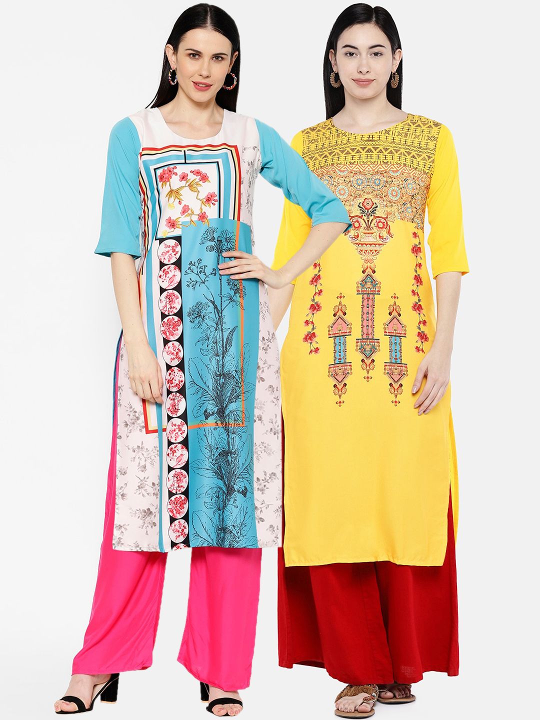 7Threads Women Multicoloured Printed Straight Kurta Pack Of 2