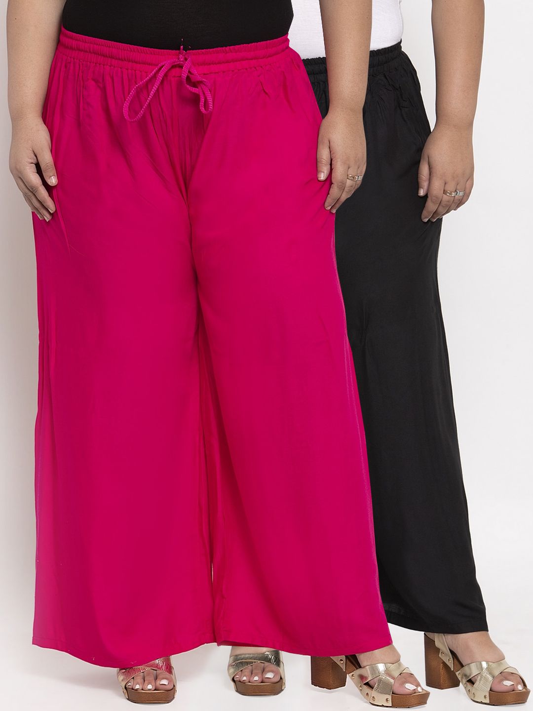 TAG 7 PLUS Women Pack Of 2 Black & Pink Solid Flared Palazzos Price in India