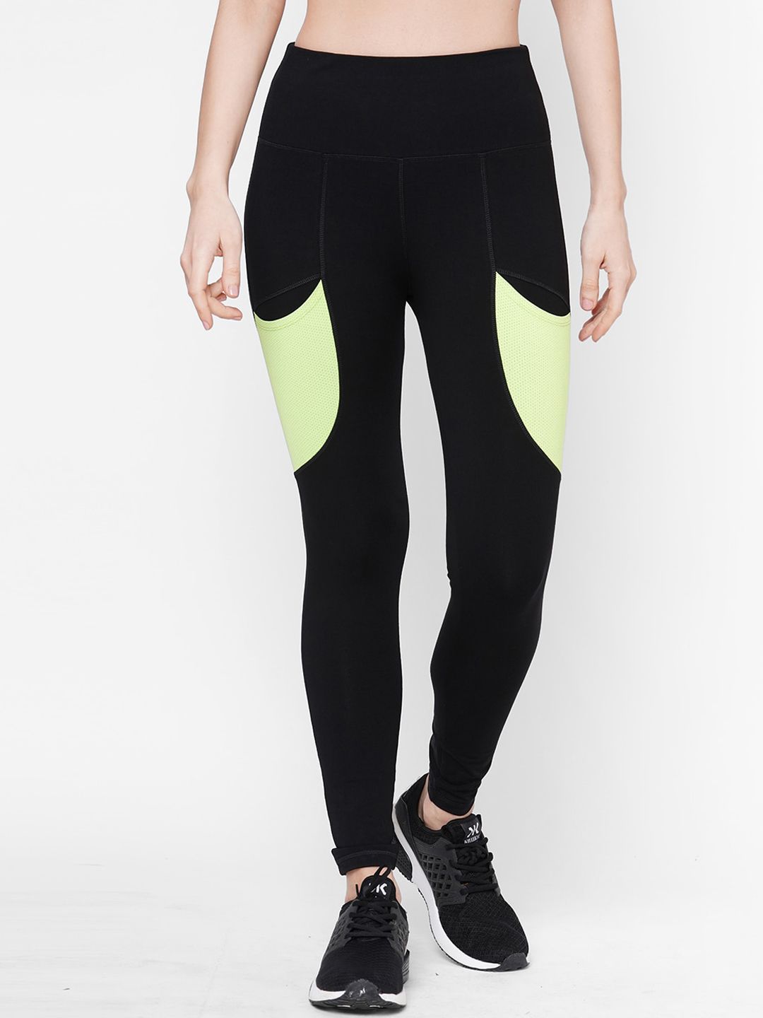 Tuna London Women Black Leggings With Neon Green Patch Price in India