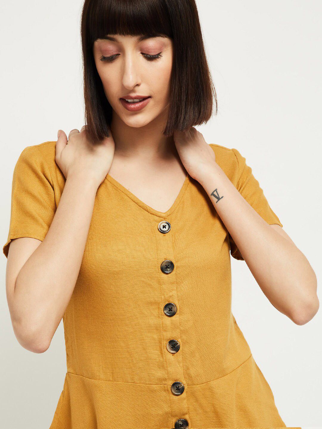 max Women Mustard Yellow Solid Peplum Top