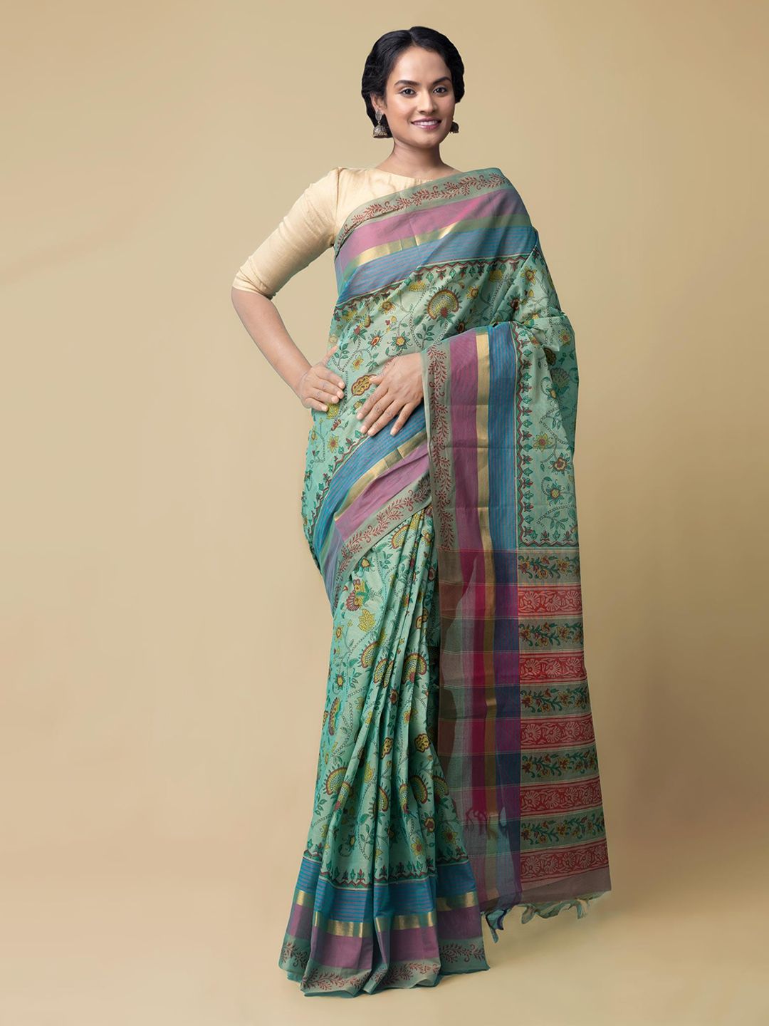 Unnati Silks Green & Pink Pure Cotton Printed Mangalagiri Saree