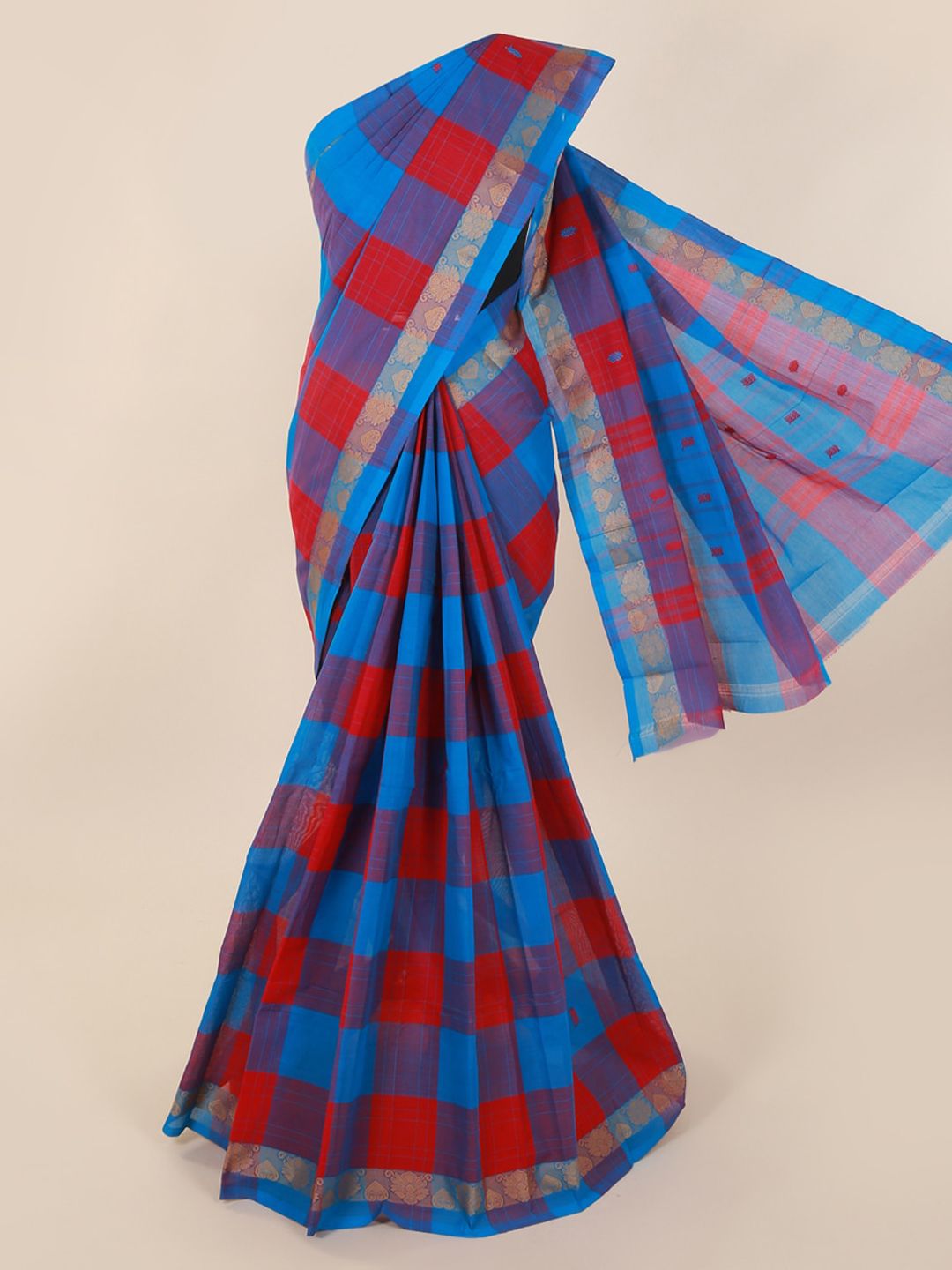 Pothys Blue Checked Pure Cotton Saree