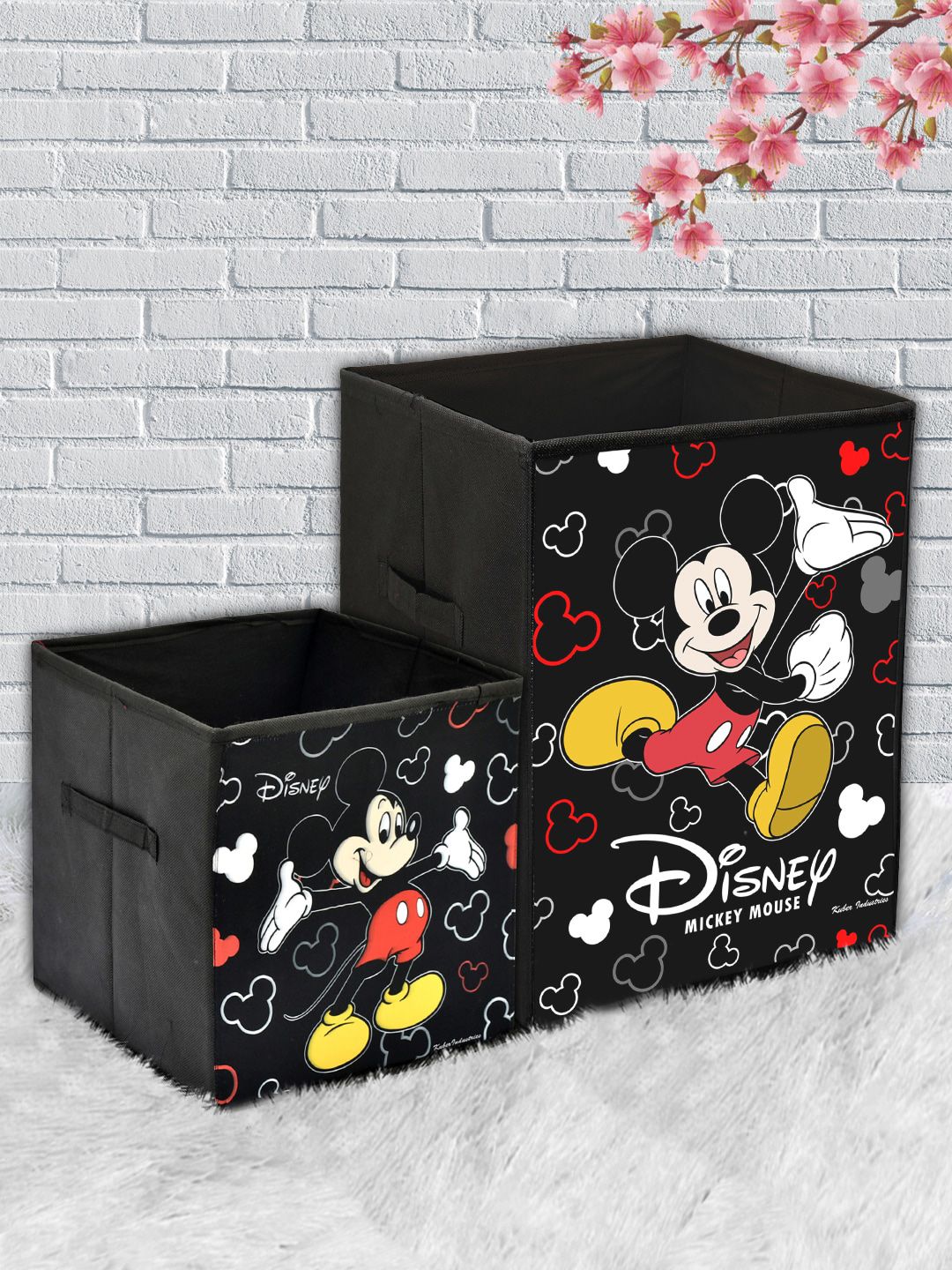 Kuber Industries Set Of 2 Black & White Mickey Mouse Printed Large Foldable Laundry Basket & Small Size Cube Price in India