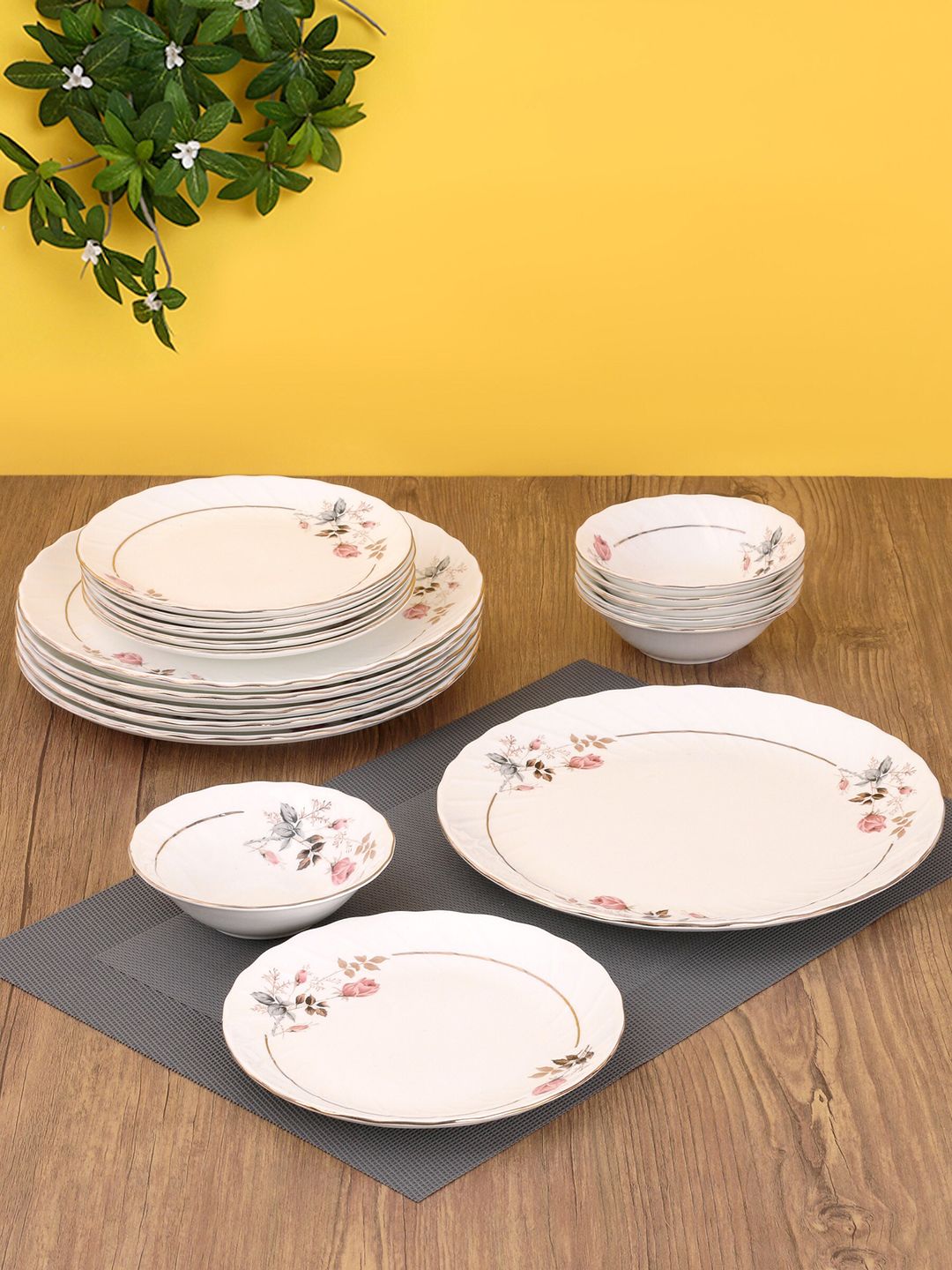 CLAY CRAFT White & Pink 18 Pieces Printed Ceramic Dinner Set Price in India