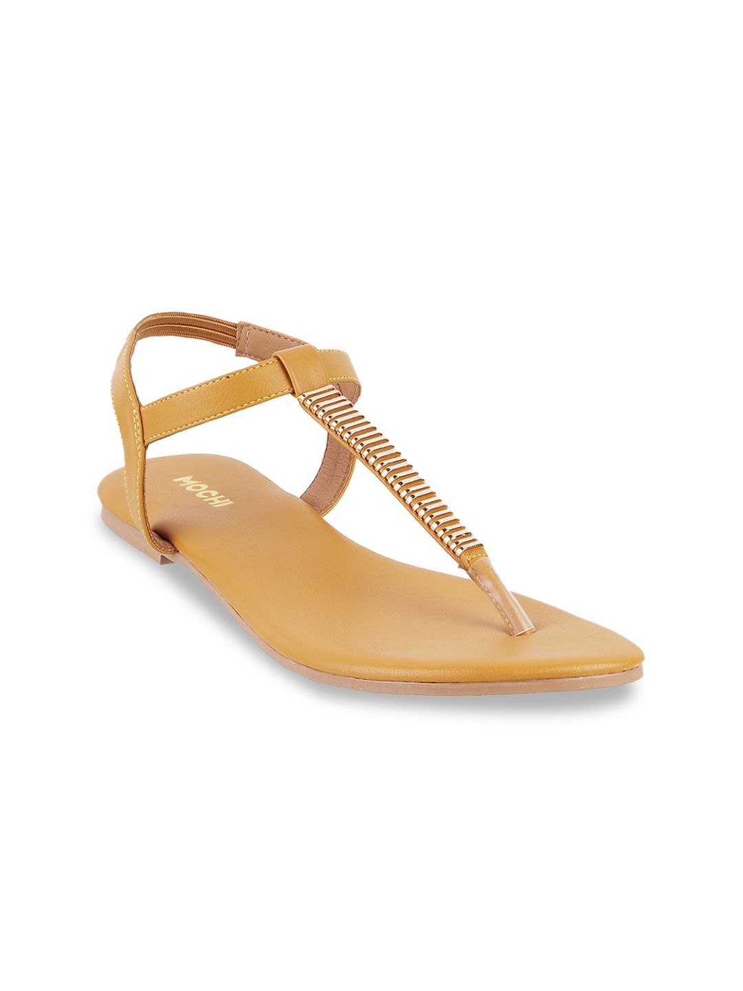 Mochi Women Yellow Solid T-Strap Flats