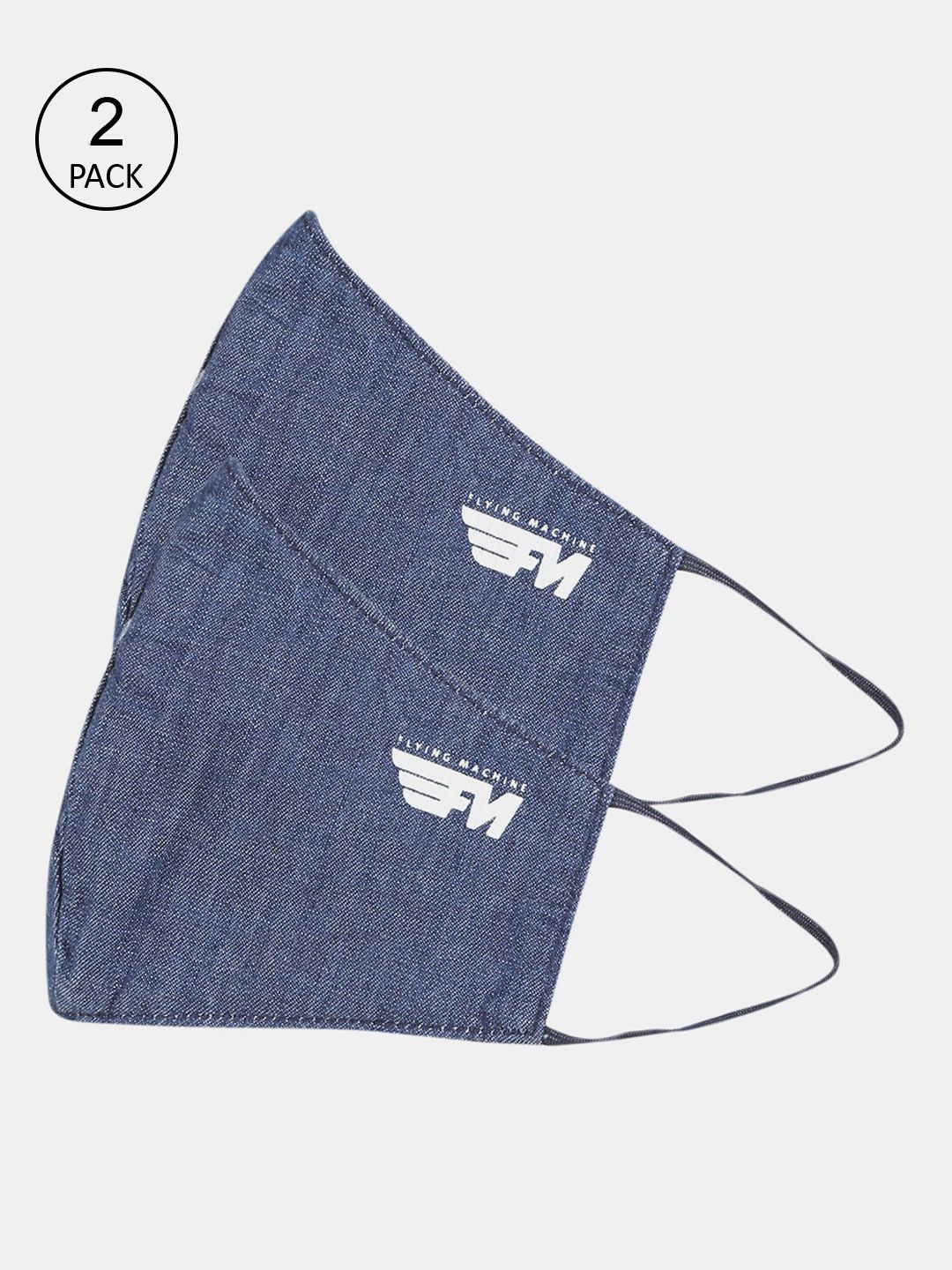 Flying Machine Unisex Pack Of 2 Blue & White Solid 3-Ply Reusable Denim Cloth Masks Price in India