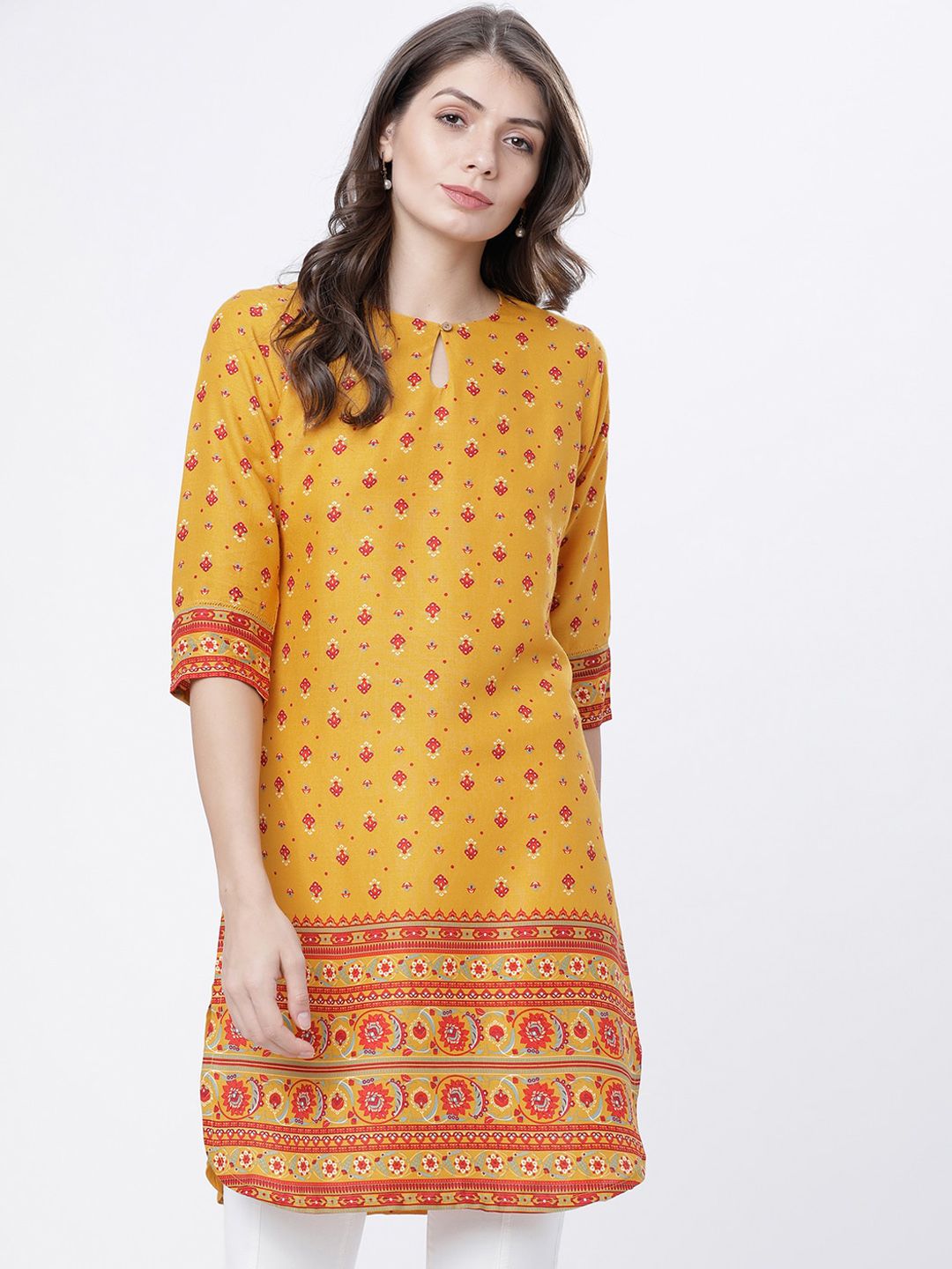 Vishudh Women Mustard Yellow & Red Floral Print Kurti Price in India