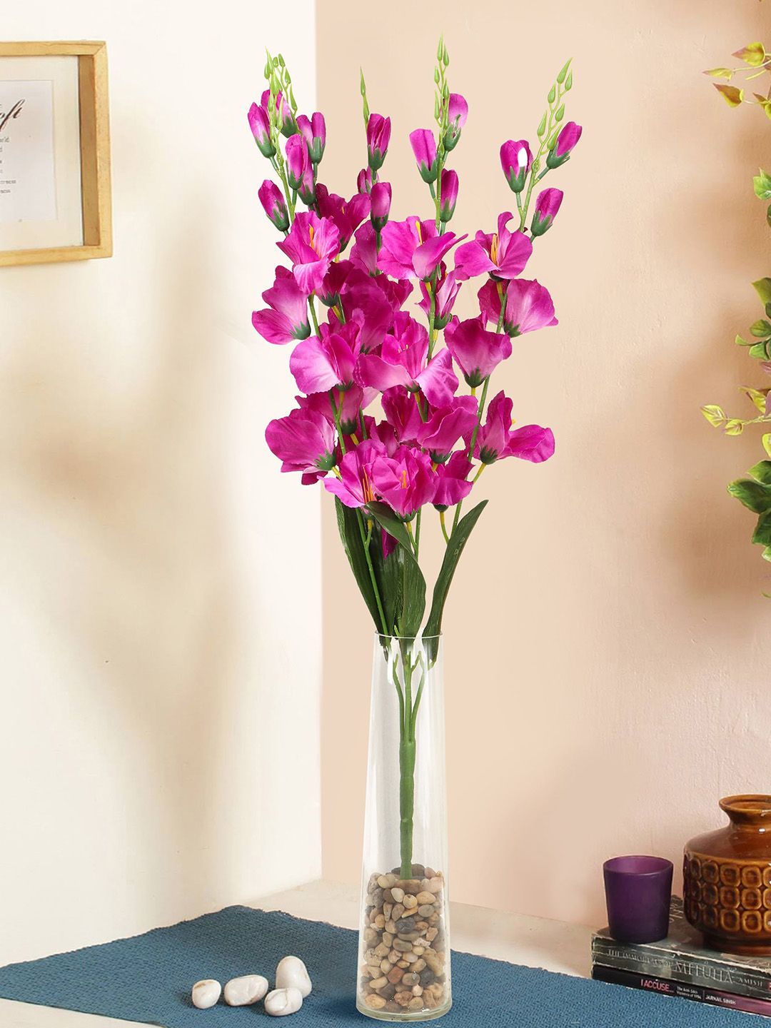 TIED RIBBONS Purple & Green Artificial Flower Bunch with Glass Vase Price in India