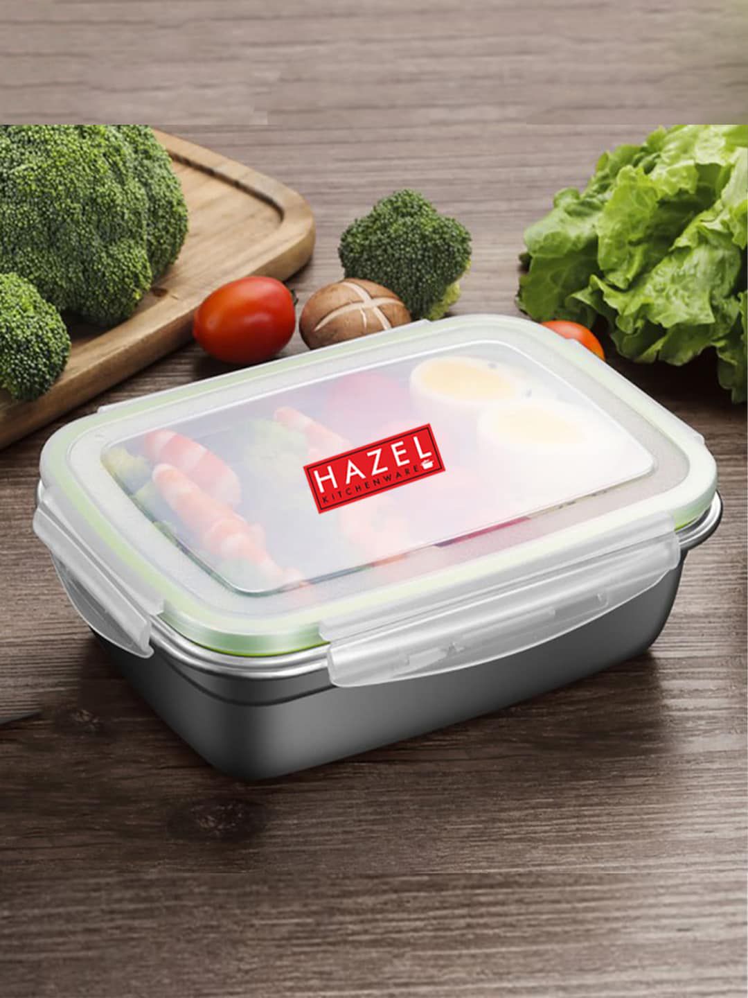HAZEL Silver-Toned & Transparent Solid Stainless Steel Leakproof Rectangle Airtight Container 3500 ml Price in India