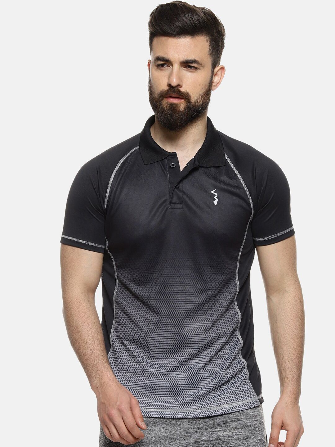 CAHOOT Men Black & Grey Colourblocked Polo Collar Anti-Microbial T-shirt