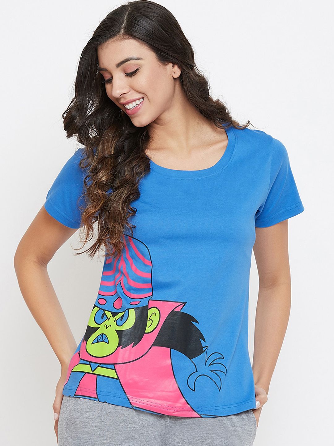 Clovia Women Blue & Pink Printed Lounge T-Shirt Price in India