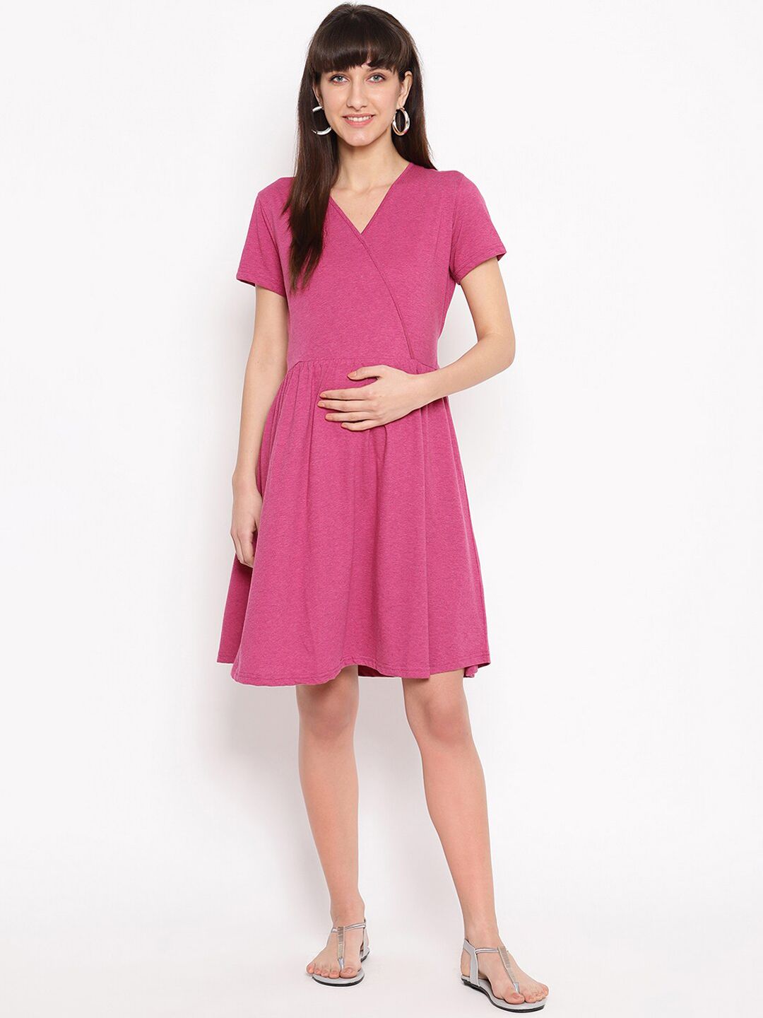 The Vanca Women Magenta Solid Wrap Maternity Dress