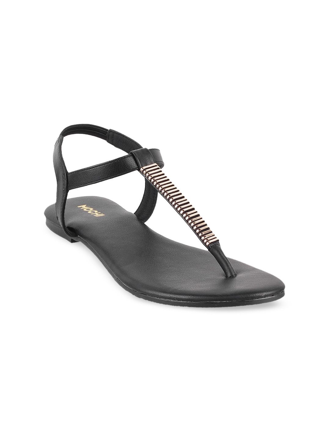 Mochi Women Black Embellished T-Strap Flats Price in India