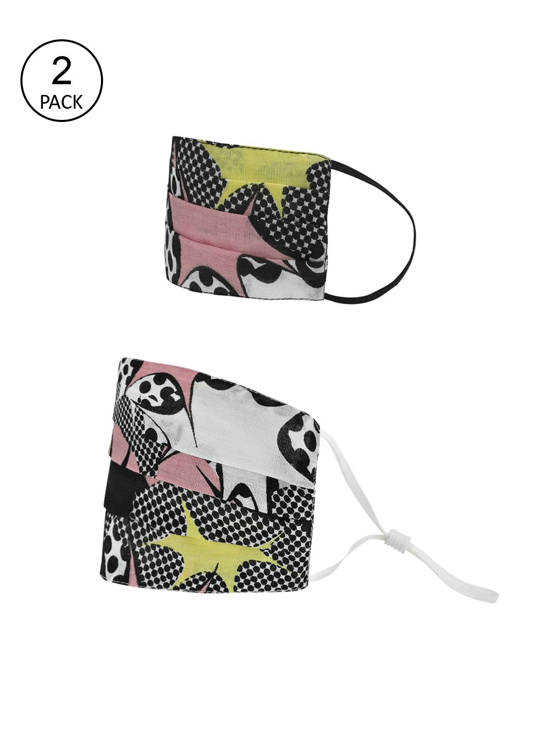 Kazo Women & Kids Pack Of 2 White & Black Printed Reusable Cloth Masks Price in India