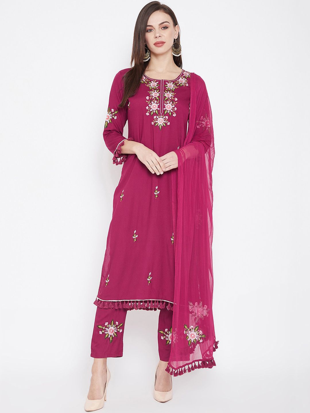 Prakhya Women Pink Embroidered Kurta with Trousers & Dupatta Price in India