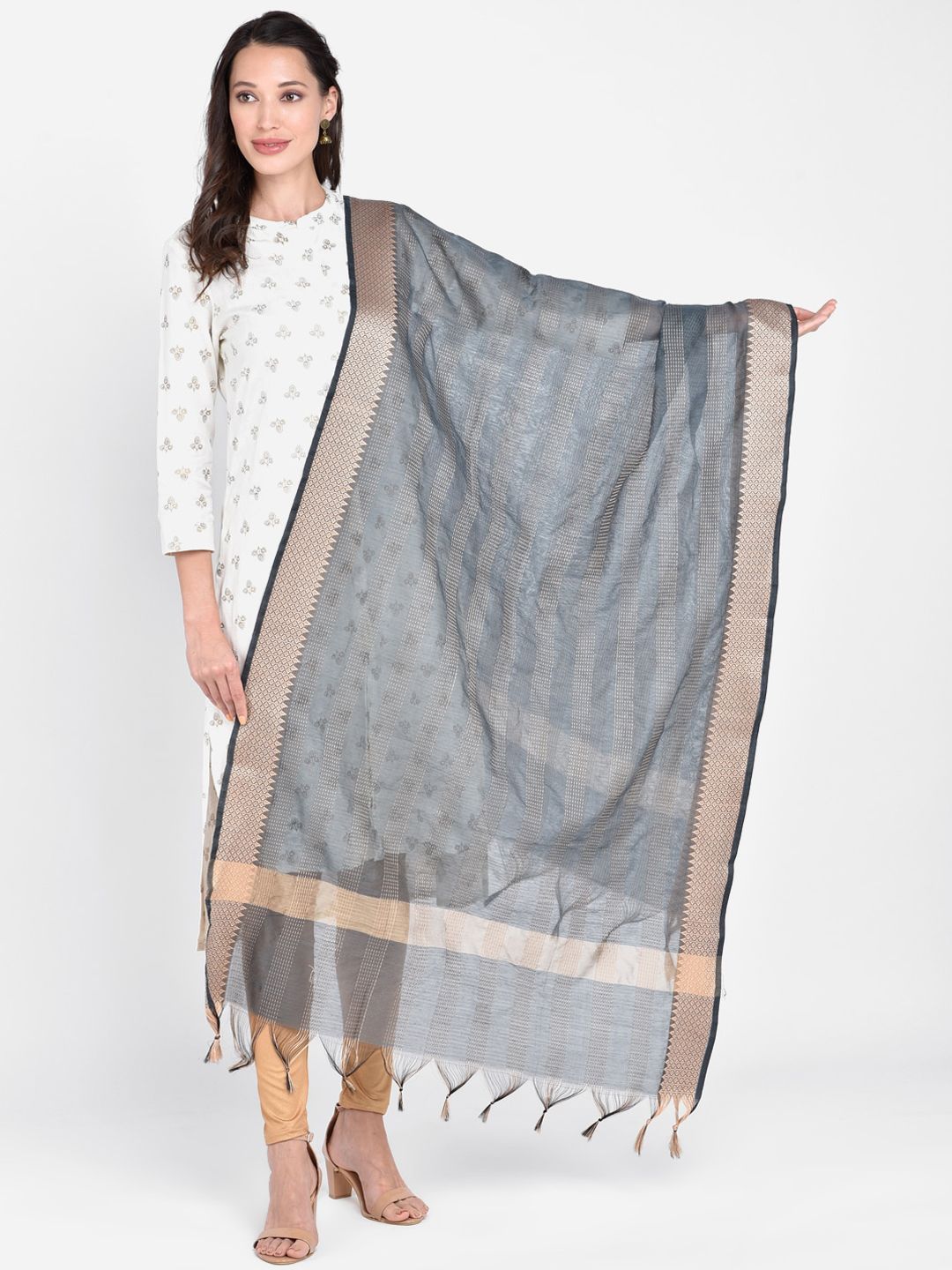 Dupatta Bazaar Grey & Beige Woven Design Dupatta