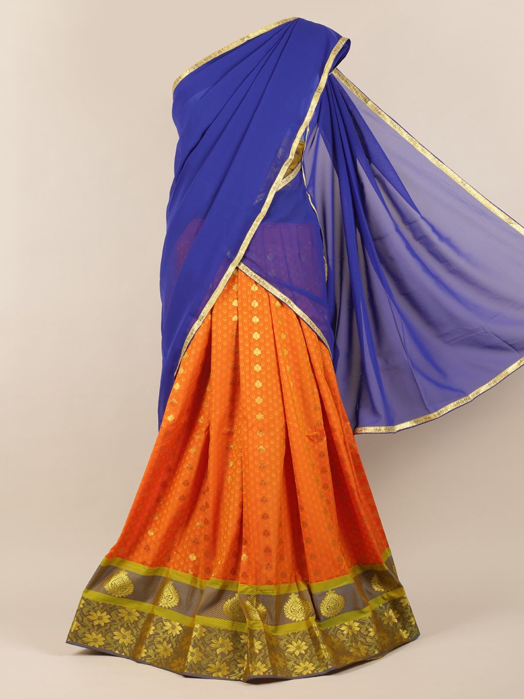 Pothys Blue & Orange Poly Chiffon Woven Design Half Saree