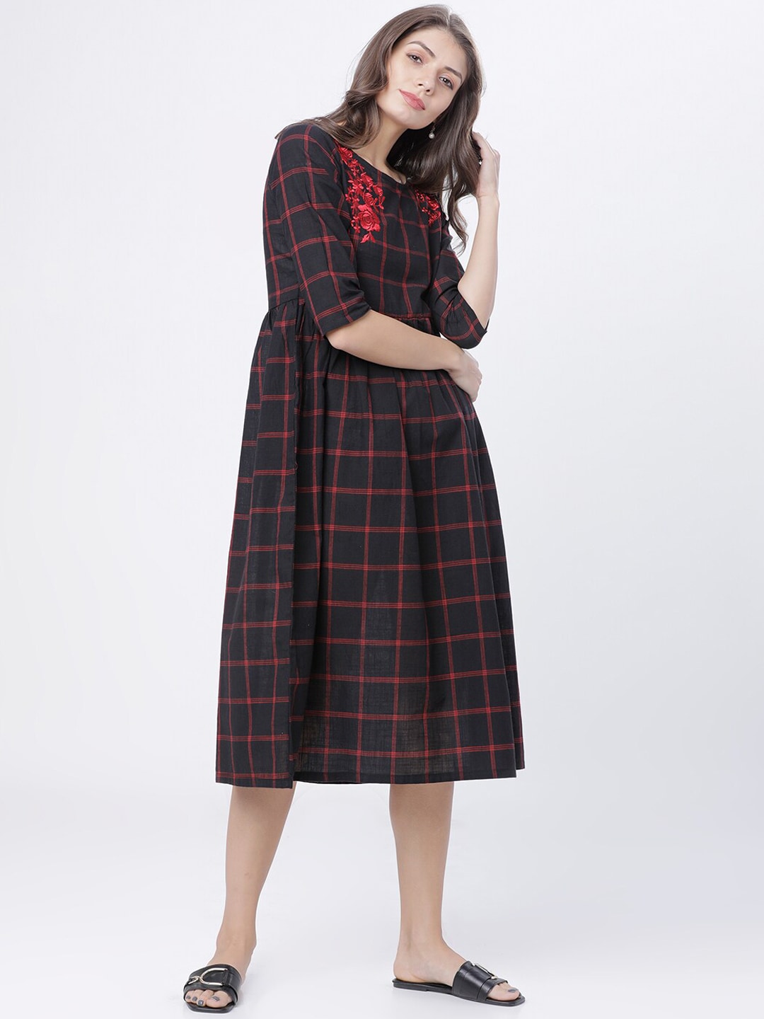 Vishudh Women Black Checked Fit and Flare Dress Price in India