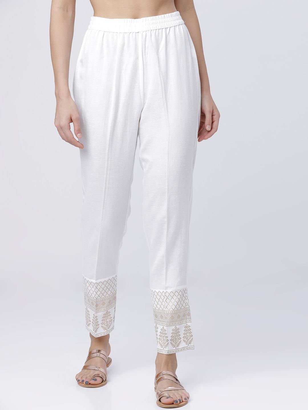 Vishudh Women Off-White Cigarette Trousers With Hem Design Price in India