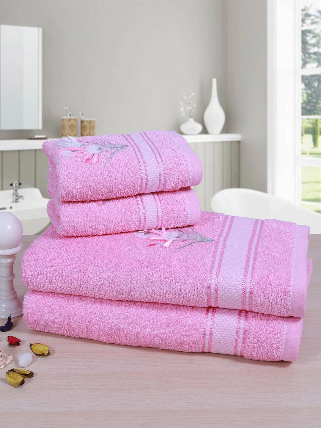 RANGOLI Set Of 4 Pink & White Solid 380 GSM Towel Set Price in India