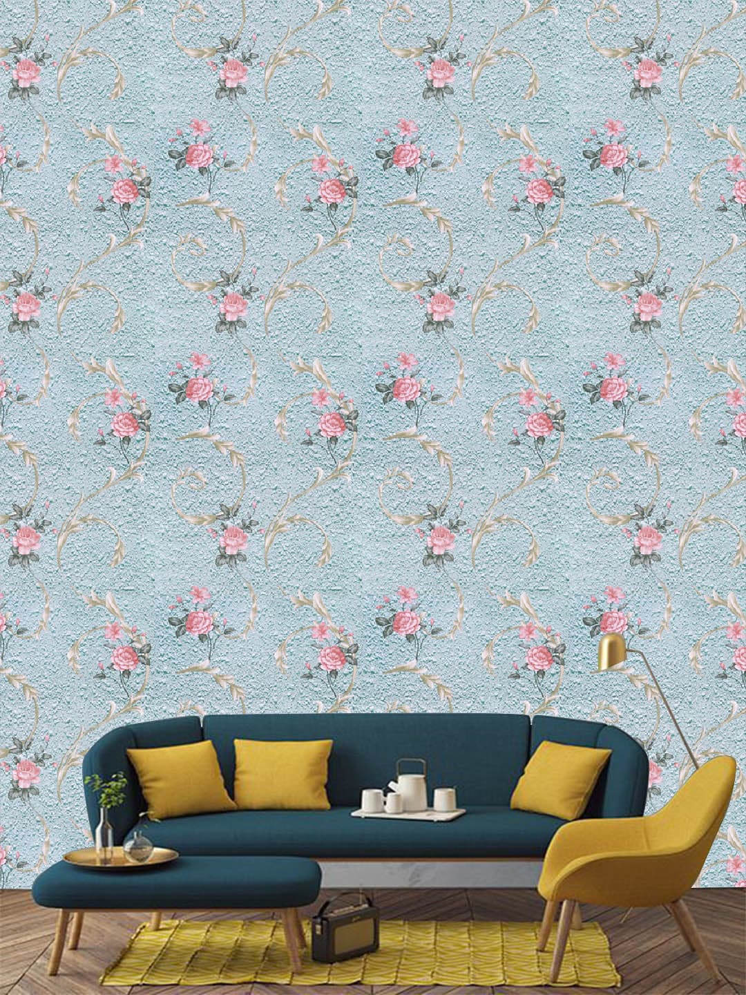 Jaamso Royals Blue & Pink Floral Self Adhesive Removable Wallpaper Price in India