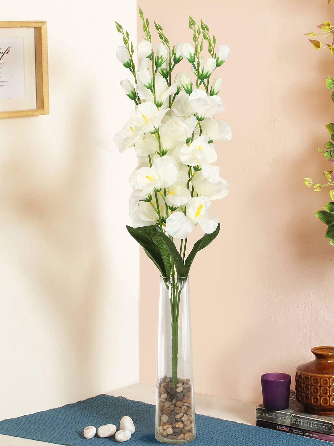 TIED RIBBONS White & Green Artificial Flower Bunch with Glass Vase Price in India