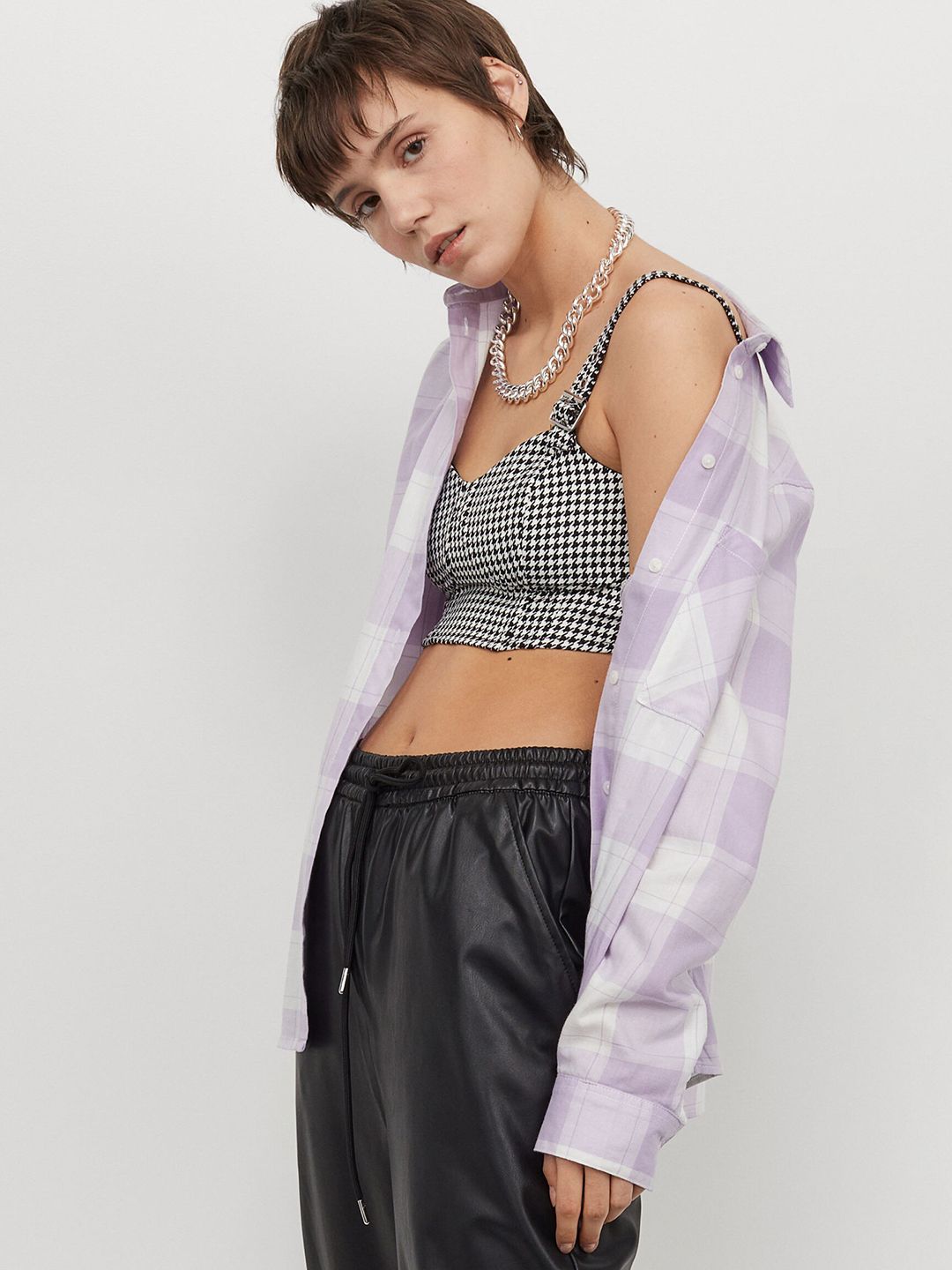 H&M Women Purple Checked Cotton Shirt