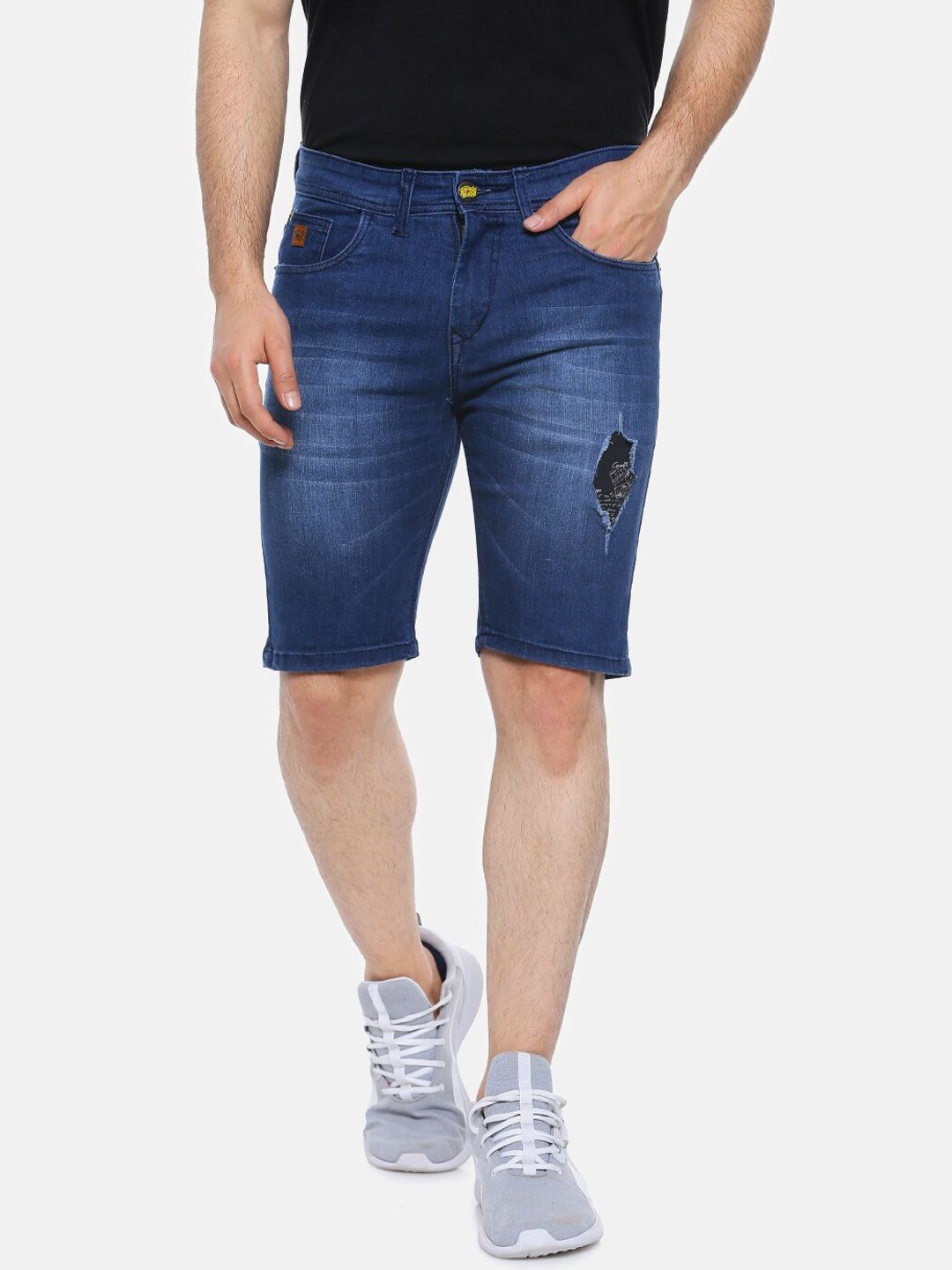 CAHOOT Men Navy Blue Washed Regular Fit Denim Shorts