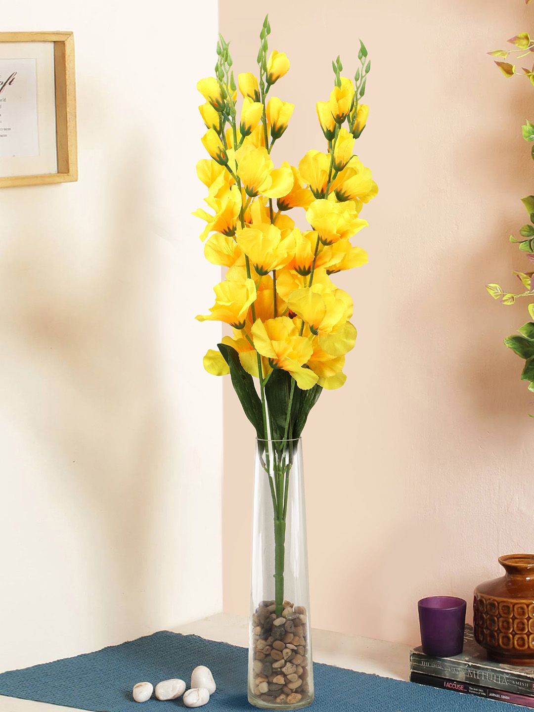 TIED RIBBONS Yellow & Green Artificial Flower Bunch with Glass Vase Price in India
