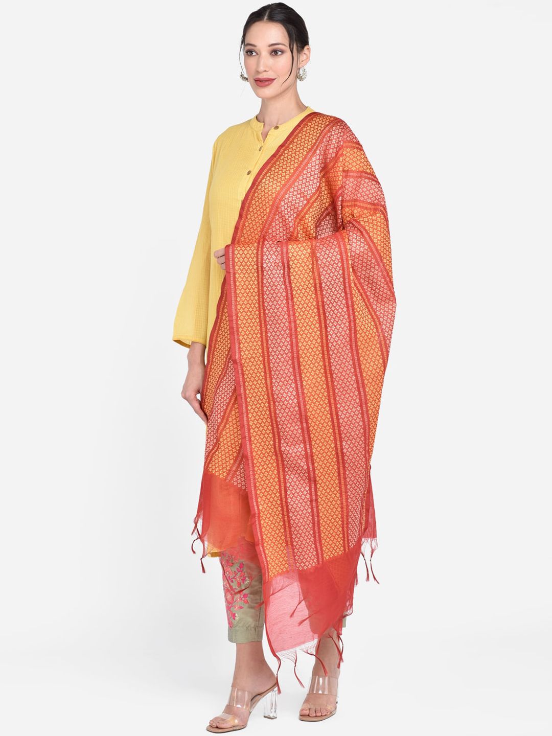 Dupatta Bazaar Red & Orange Woven Design Dupatta