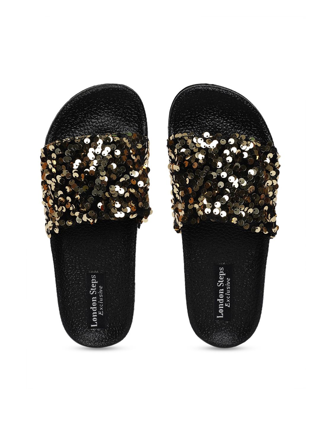 LONDON STEPS Women Gold-Toned & Black Embellished Sliders Price in India