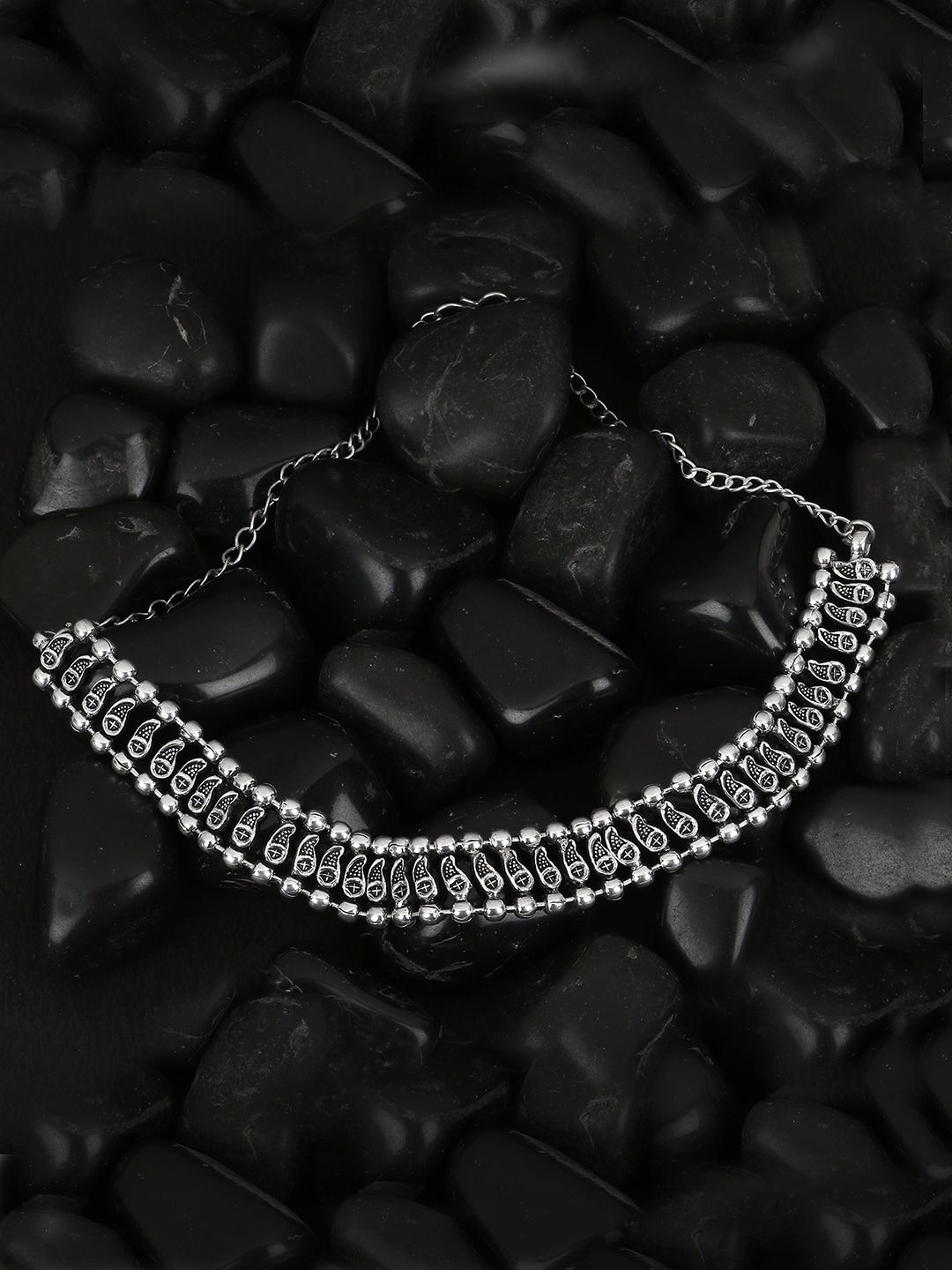 Adwitiya Collection Silver-Toned Brass Silver-Plated Oxidised Necklace Price in India