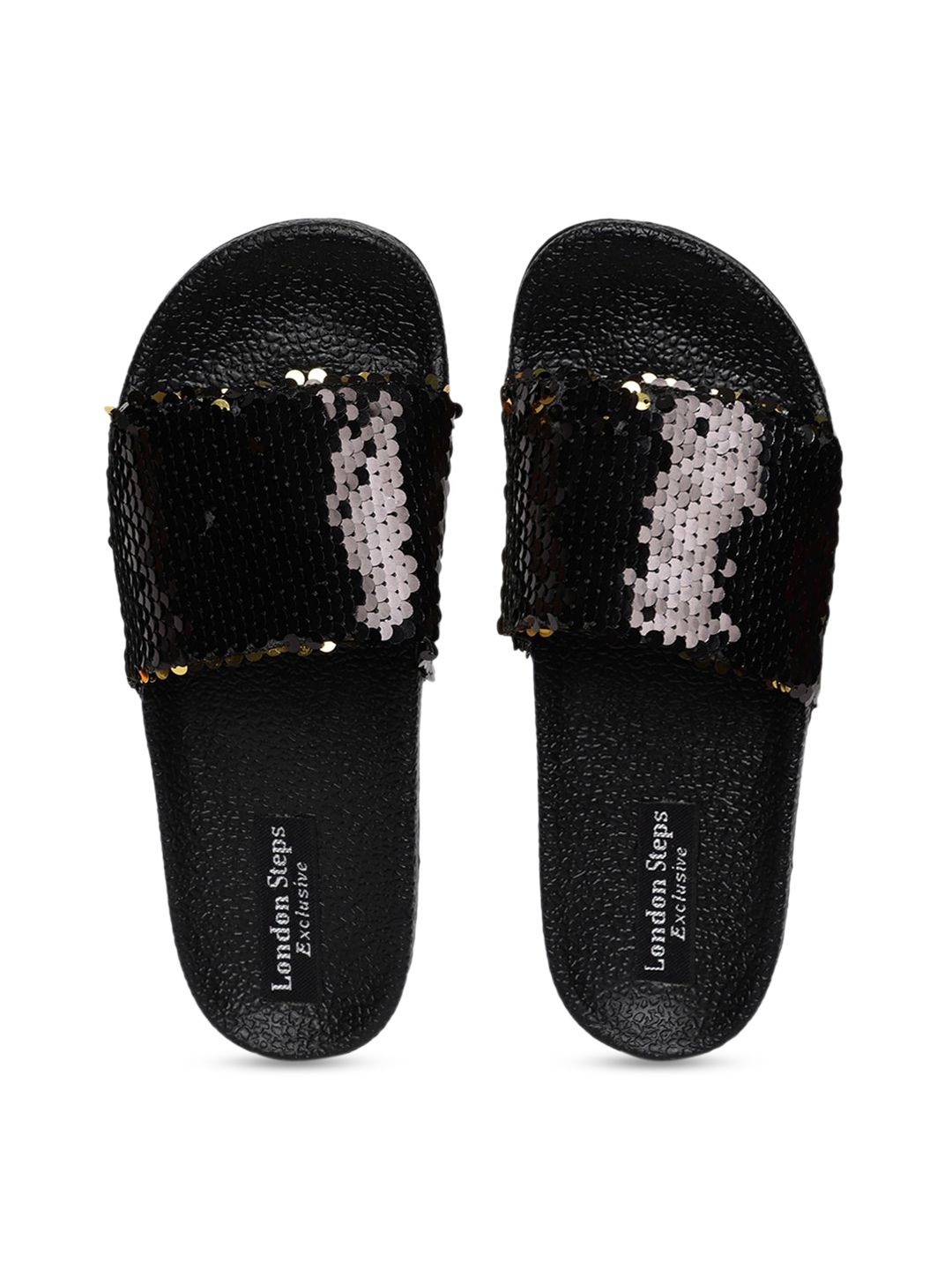 LONDON STEPS Women Black Embellished Sliders Price in India