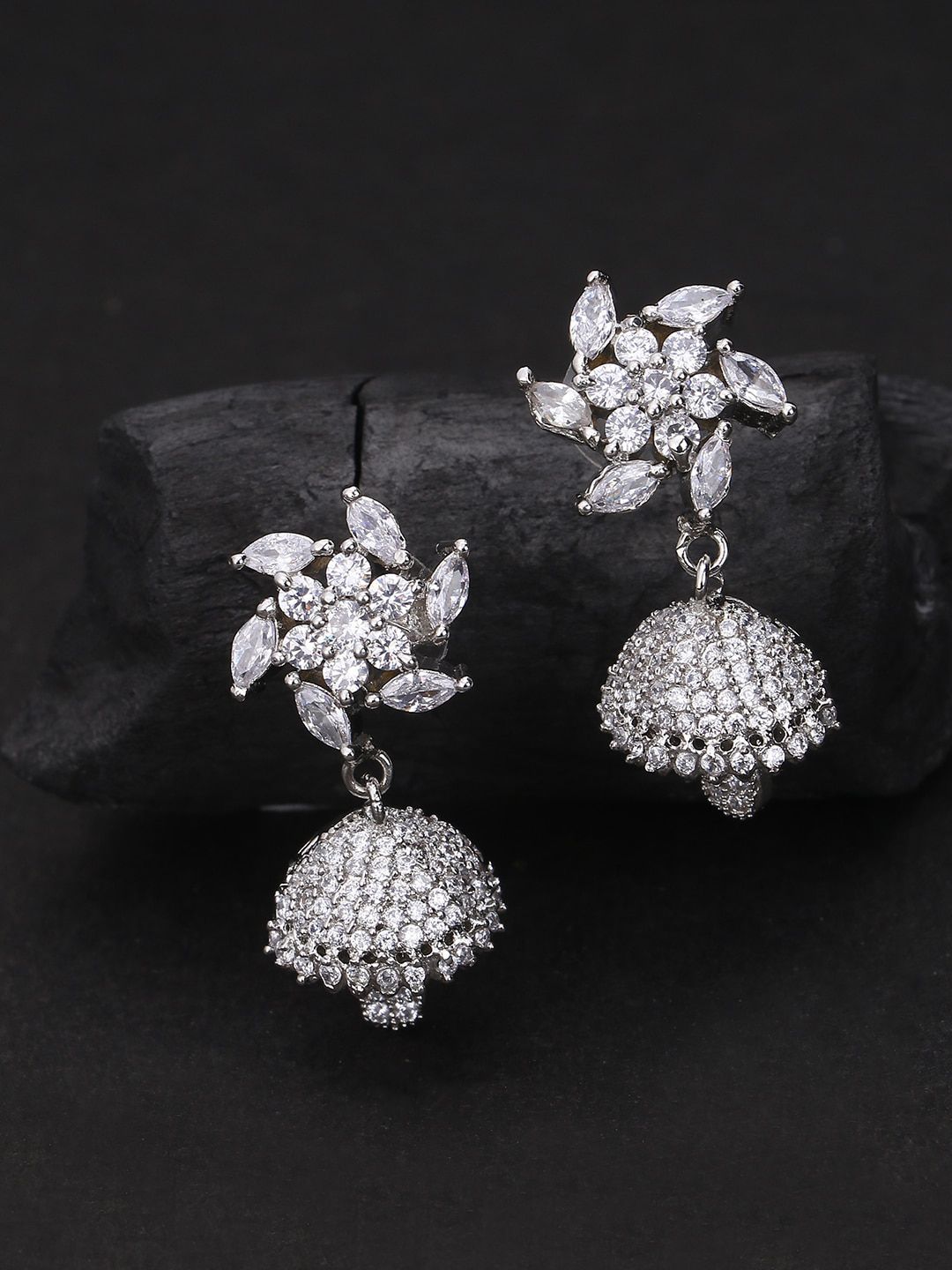 Adwitiya Collection Silver-Toned Floral Drop Earrings Price in India