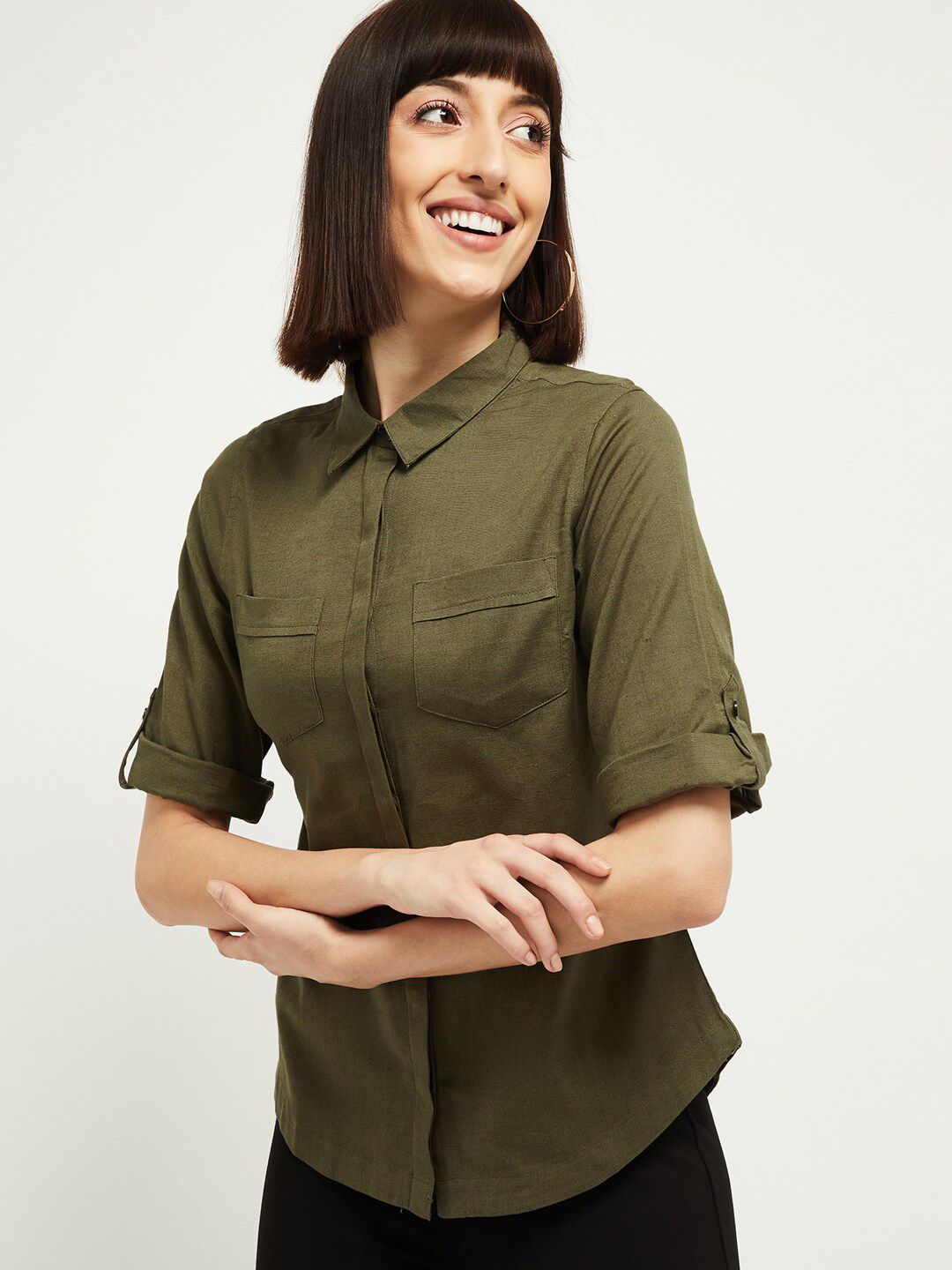 max Women Green Regular Fit Solid Casual Shirt