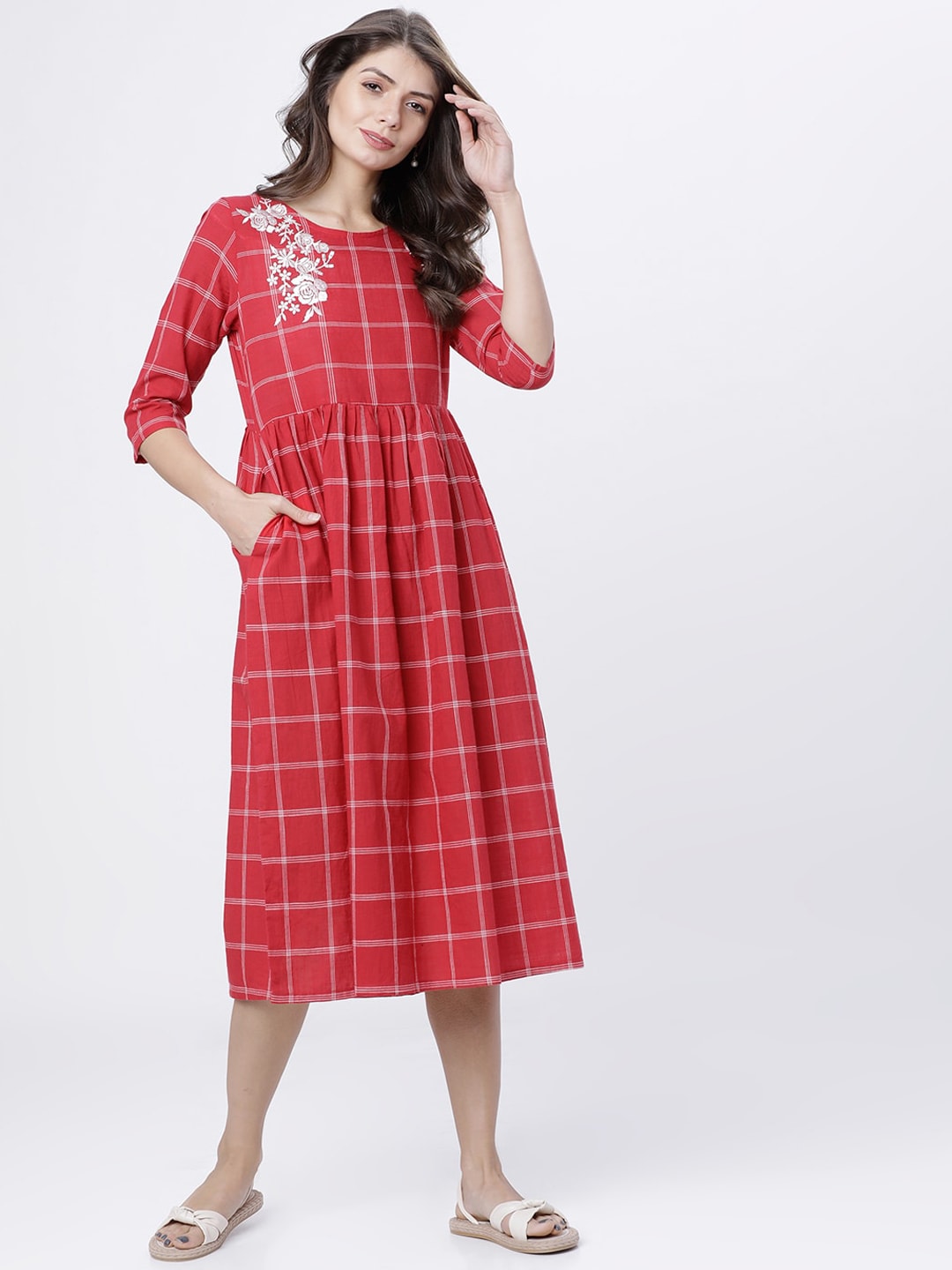 Vishudh Women Red Checked A-Line Dress Price in India