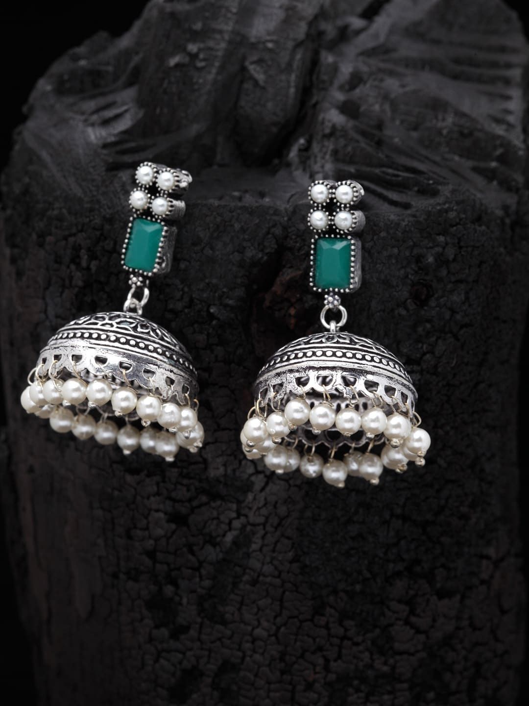 PANASH Silver-Plated & Green Oxidised Jhumkas Price in India