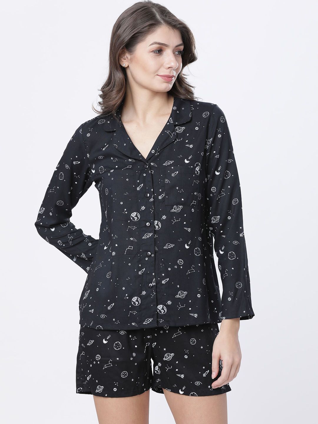 Tokyo Talkies Women Black Regular Fit Printed Sleep Shirt Price in India