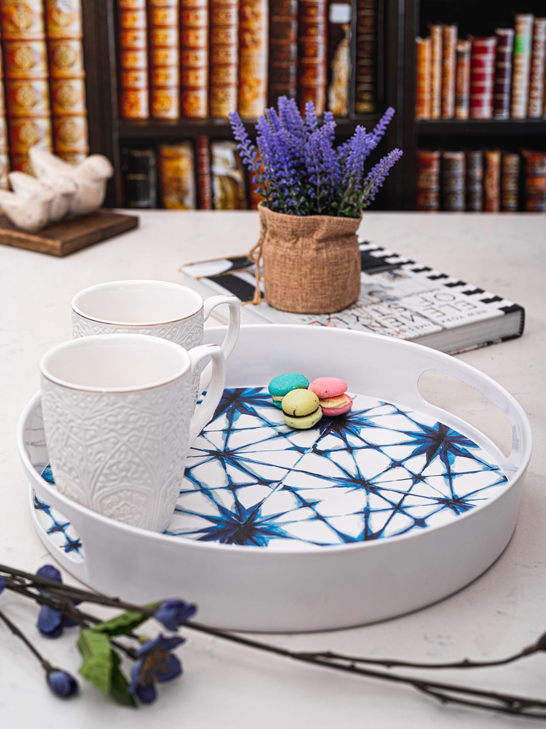GOODHOMES White & Blue Printed Melamine Round Serving Tray Price in India