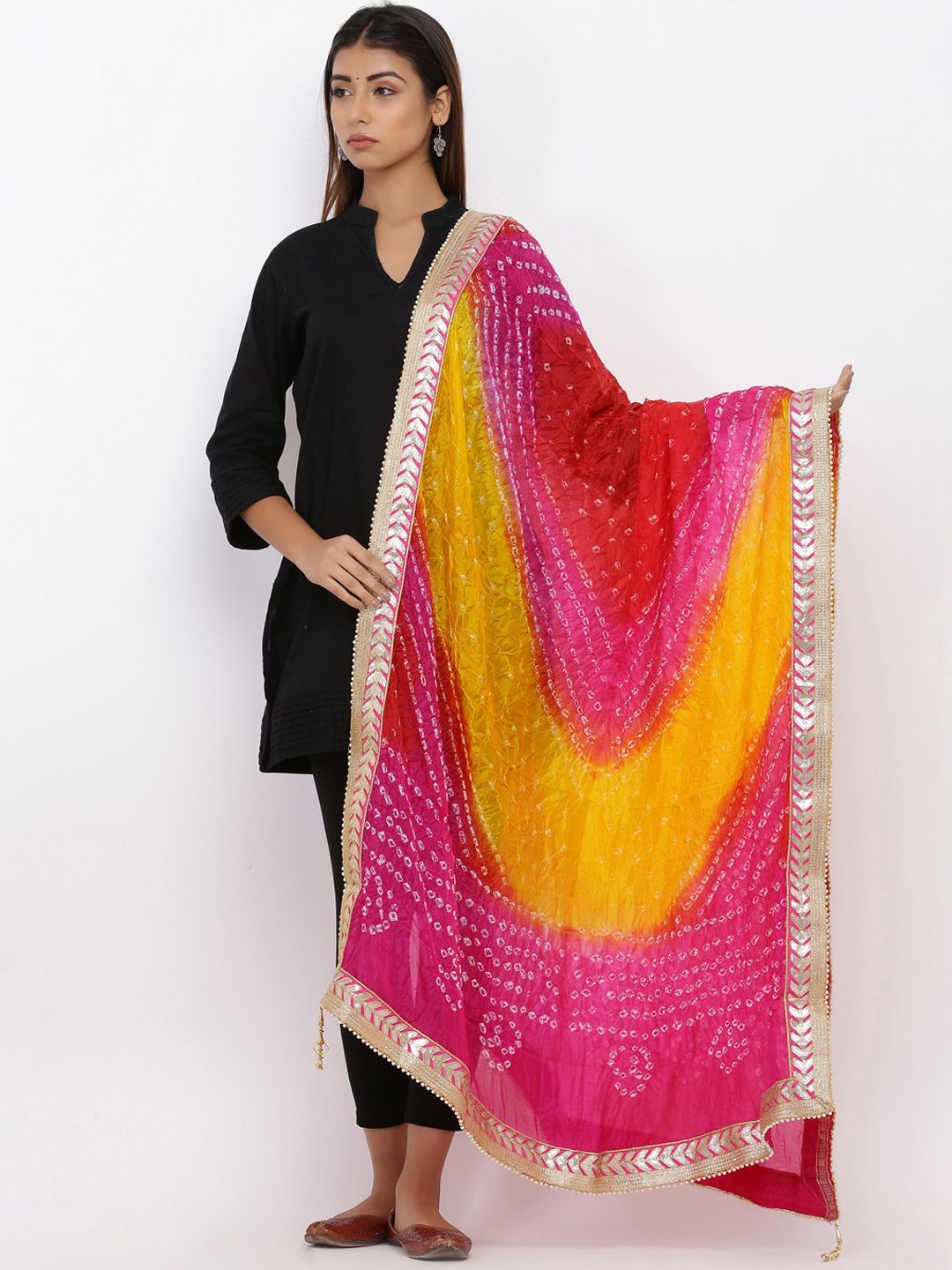 SOUNDARYA Pink & Yellow Embroidered Dupatta Price in India