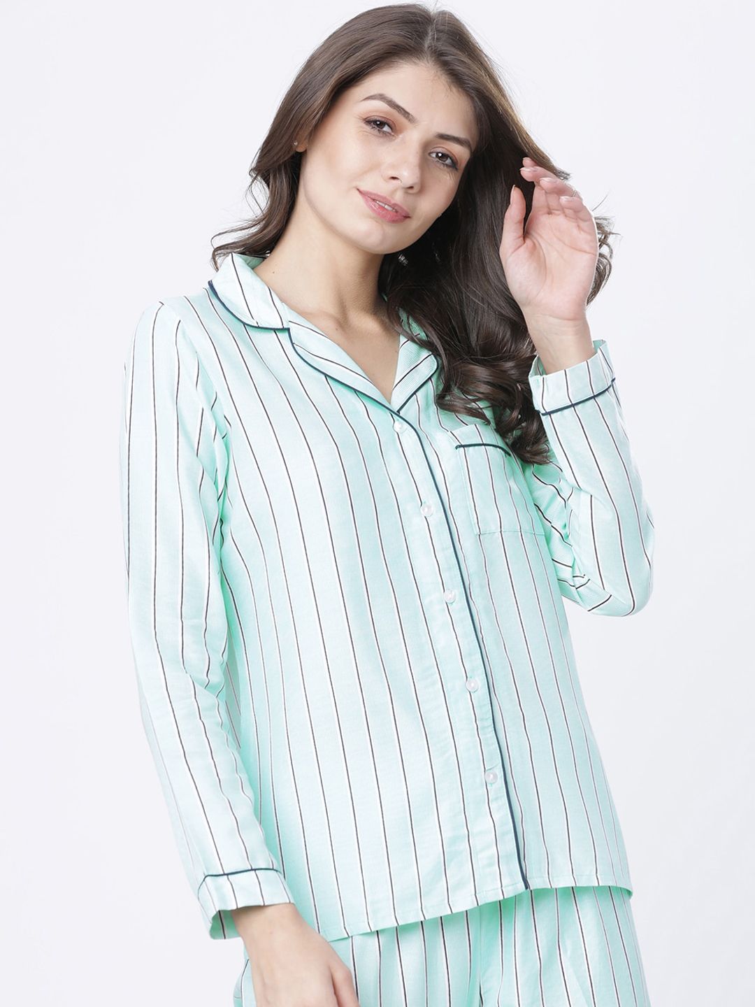 Tokyo Talkies Women Green Regular Fit Striped Sleep Shirt Price in India