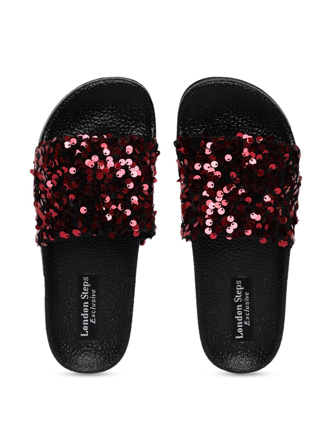 LONDON STEPS Women Maroon & Black Embellished Sliders Price in India