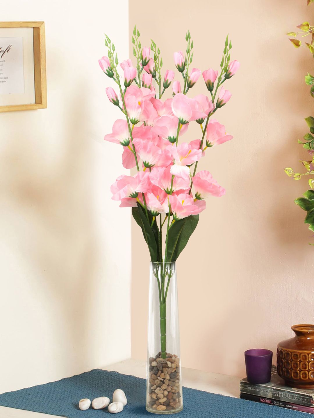 TIED RIBBONS Pink & Green Artificial Flower Bunch with Glass Vase Price in India