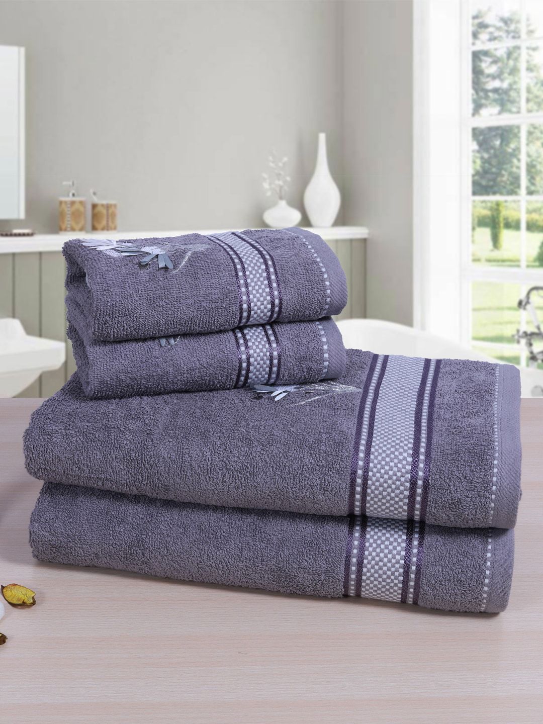 RANGOLI Set Of 4 Grey Solid 380GSM Towels Price in India