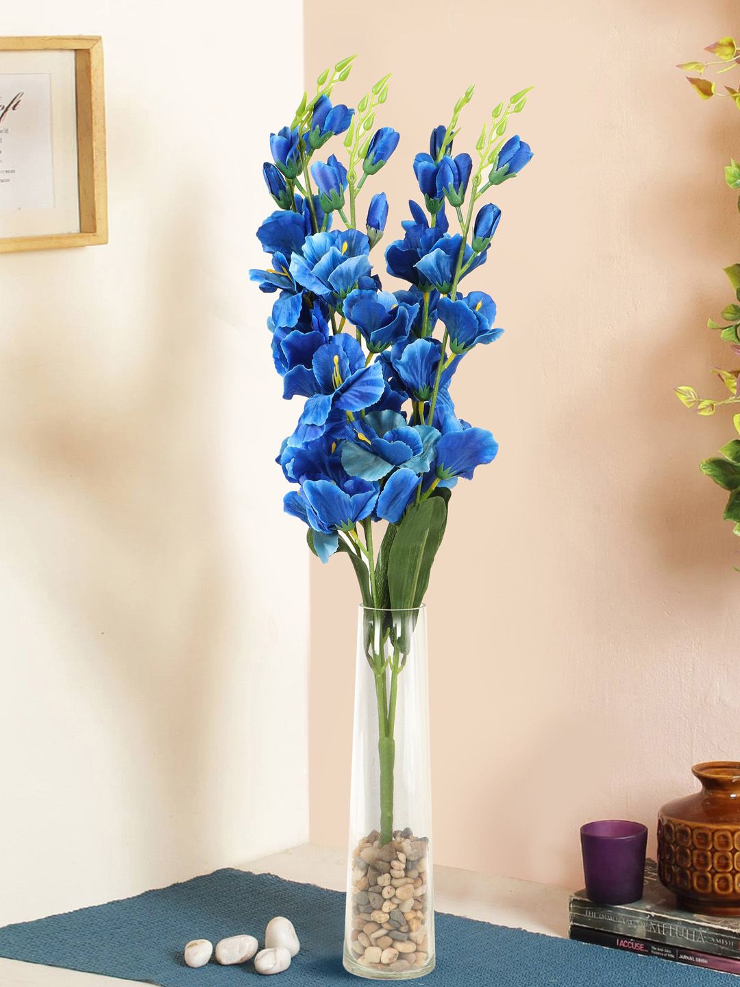 TIED RIBBONS Blue & Green Artificial Flower Bunch with Glass Vase Price in India