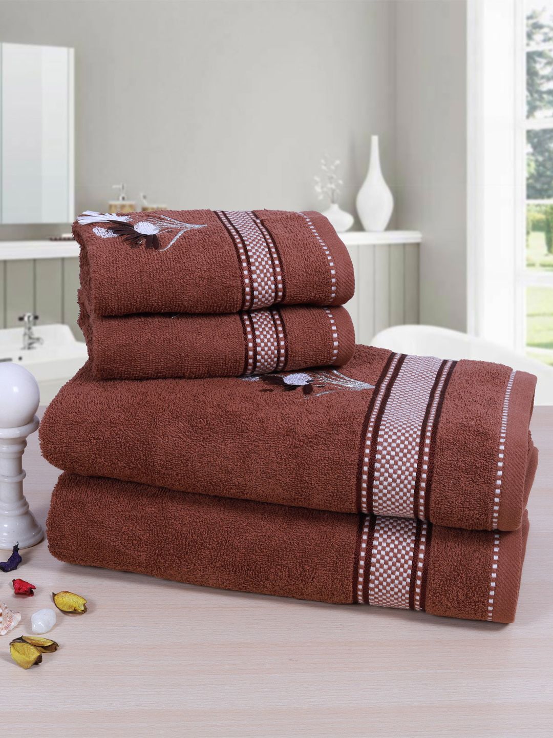 RANGOLI Set of 4 Brown Solid 380 GSM Towels Price in India